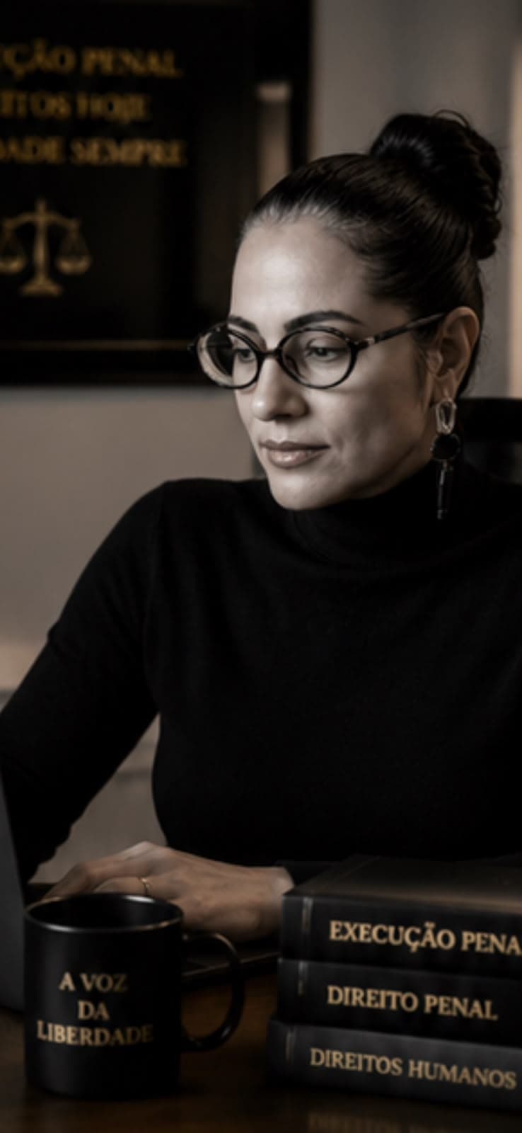 Vanessa Santana em seu escritório, com obras de Execução Penal e Direitos Humanos